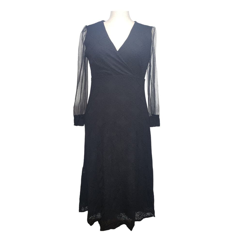 Romantic Goth Black Lace Maxi Dress XL Mesh Sleeve Dark Academia Whimsigoth